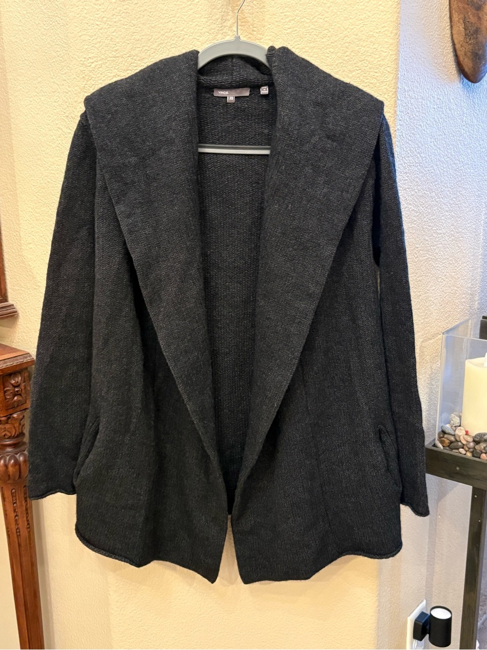 Vince Sophie Charcoal Gray Yak Wool Blend Open-Front Hood Knit Cardigan Size XS
